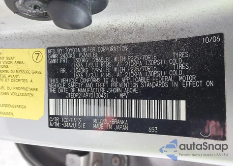 2007 Toyota Highlander V6 z USA, uszkodzony, nr VIN JTEDP21A970130431